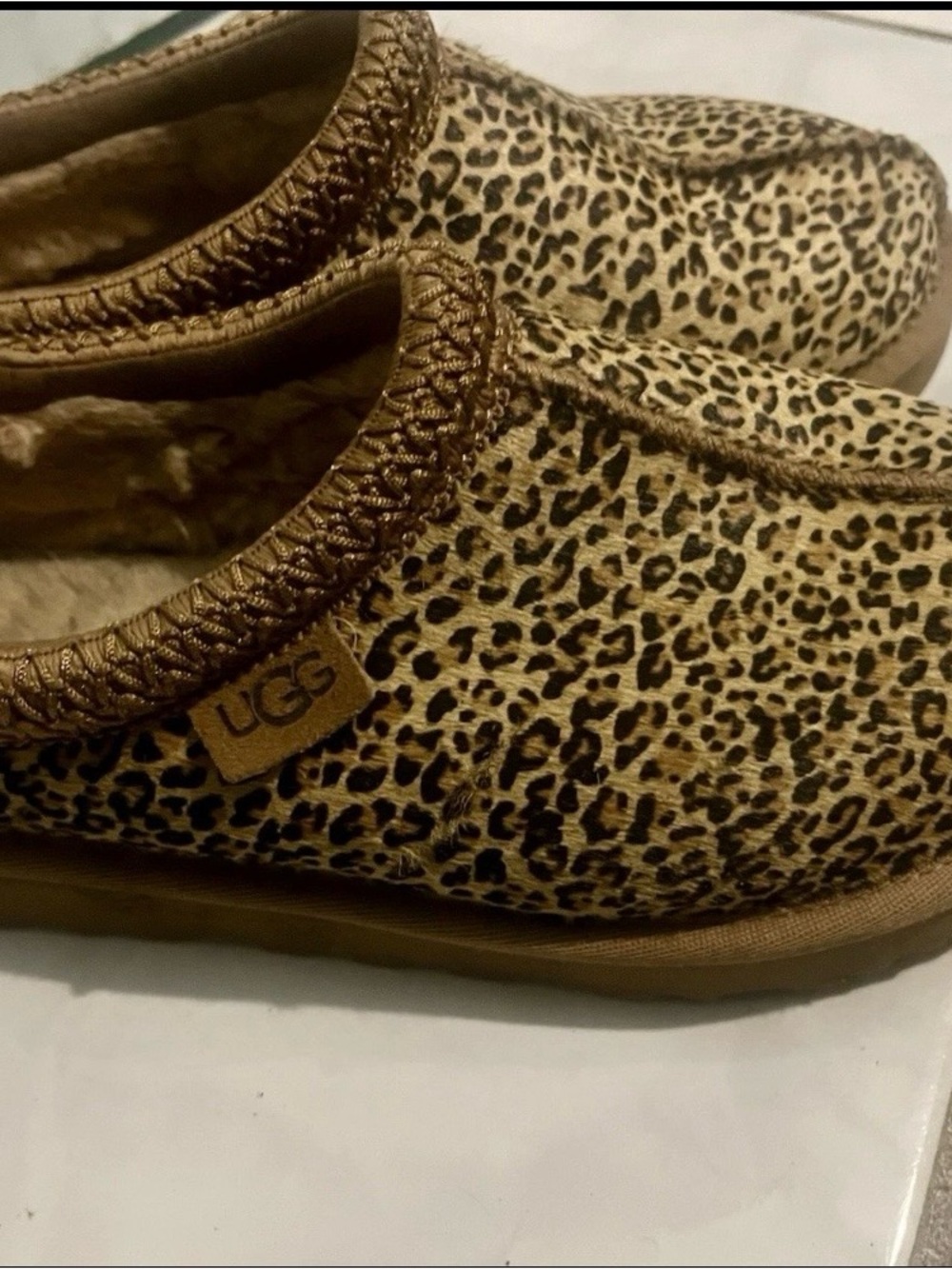 UGG Leopard-Pattern Slip-On Slippers in Tan and Black